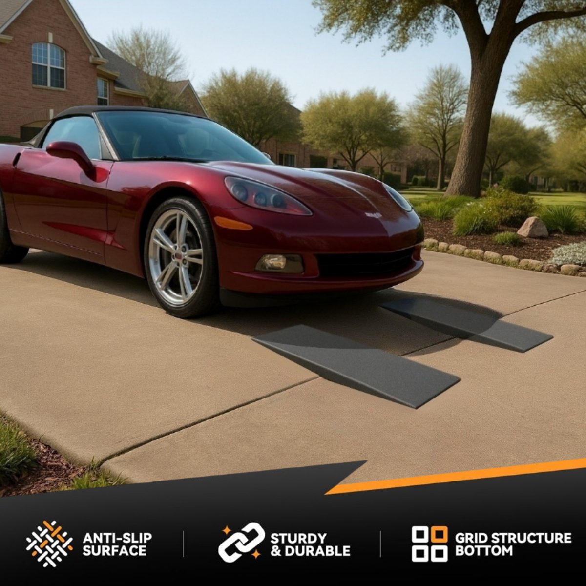Red Corvette using driveway ramp to bridge sidewalk drop for low car clearance
