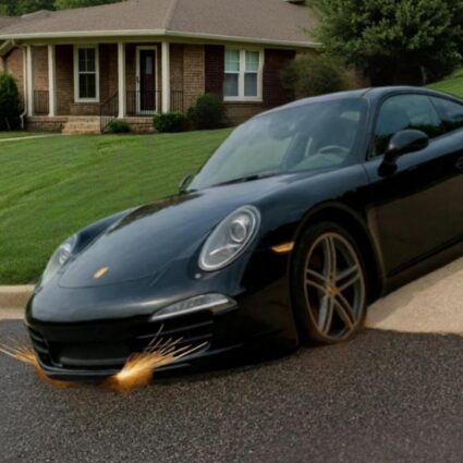 Low-clearance sports car scraping the front bumper while approaching a steep driveway.