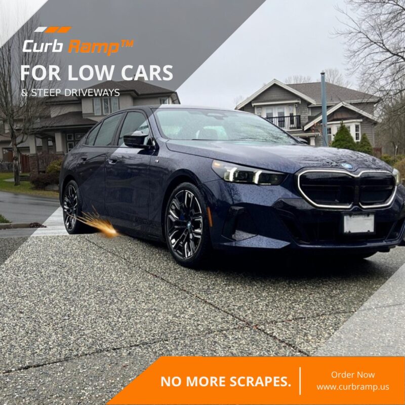 High-Centering Straddling Problem on Steep Driveway for Low Cars Low-clearance car high-centering and scraping while straddling a steep driveway before a ramp solution.