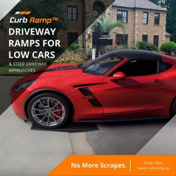 Red sports car using a Curb Ramp to easily access a steep driveway, preventing undercarriage scrapes and enhancing curb appeal.