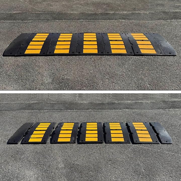 Two modular rubber driveway ramp setups for wide rolled curb entries showing full width low car clearance protection