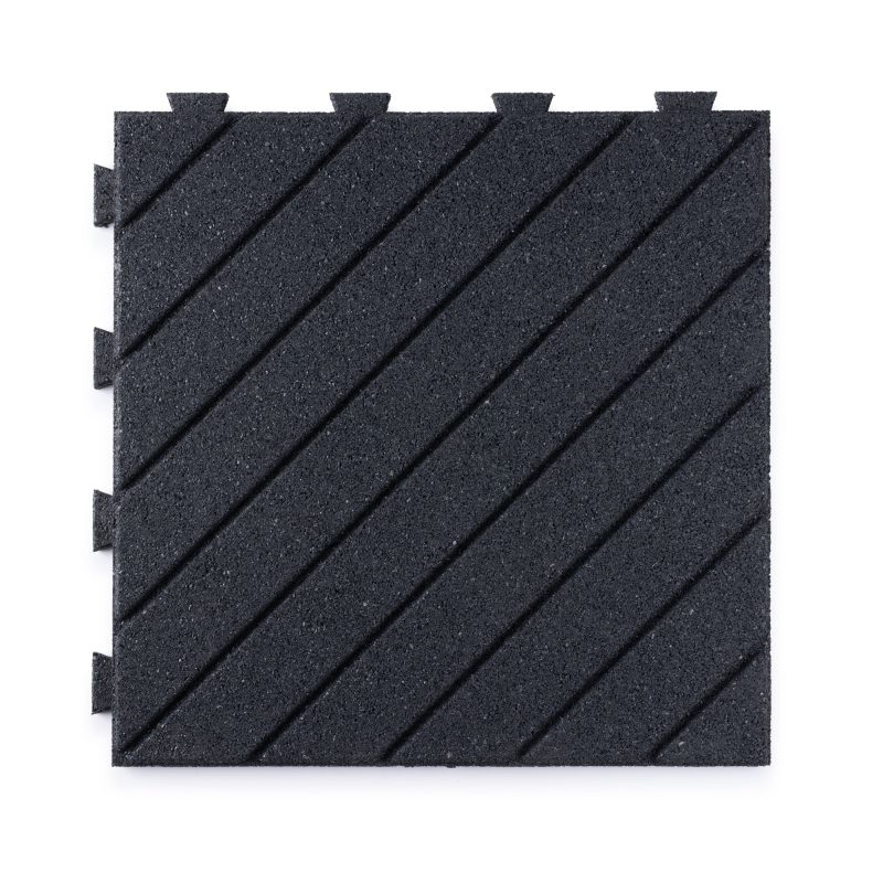 Heavy-duty rubber surface mat for driveway ramps with diagonal grooves for enhanced traction.