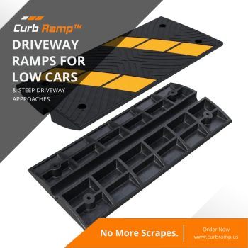 Industrial rubber threshold ramp with high-traction surface for curb and driveway applications.