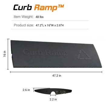 Black rubber driveway threshold ramp with dimensions, designed for smooth vehicle transition over curbs.