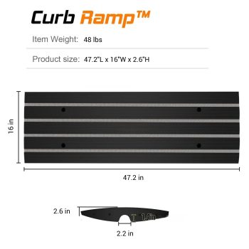 47.2-inch black rubber curb ramp with a 16-inch width and 2.6-inch height, designed for driveway thresholds to facilitate smooth vehicle transitions.