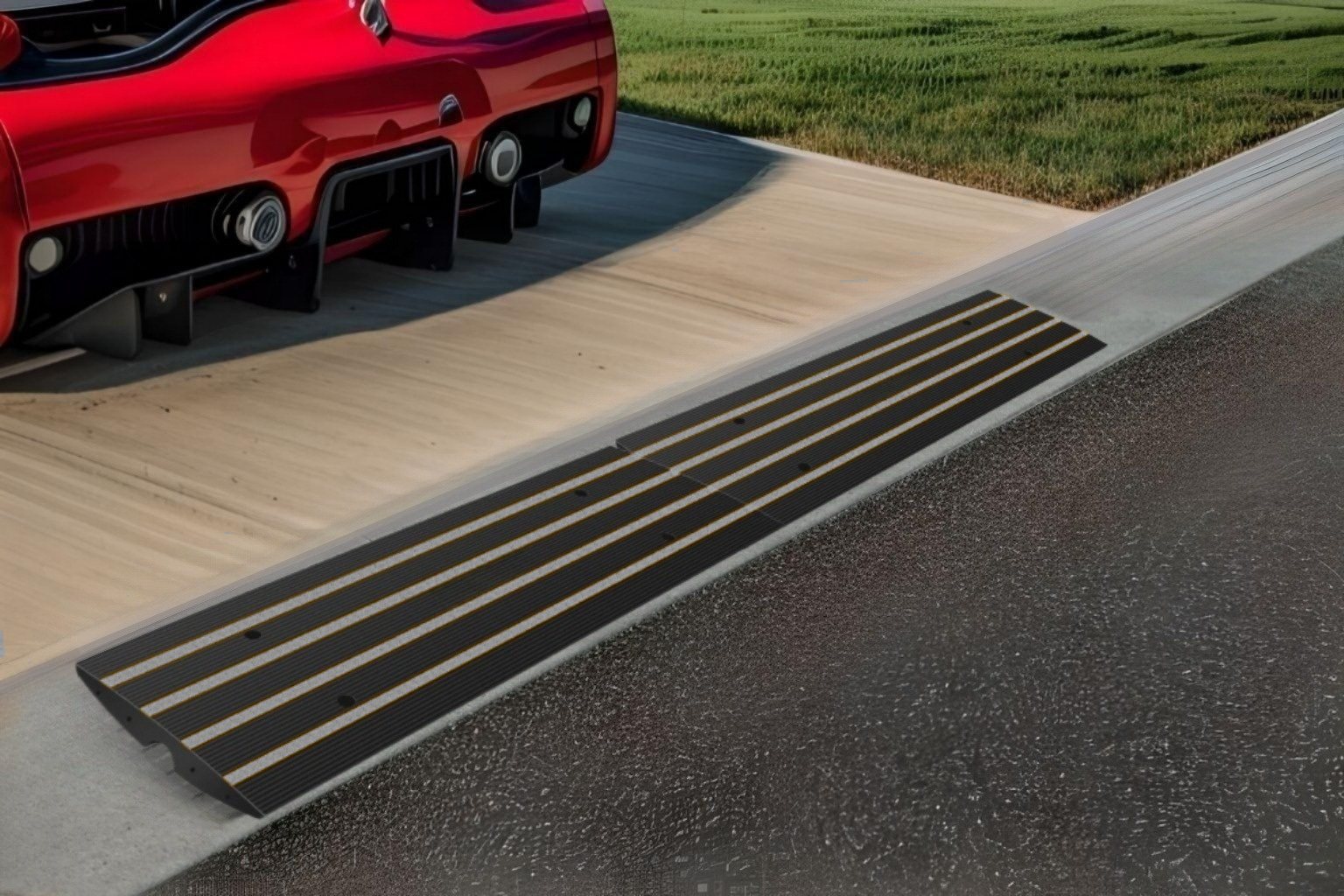 Red sports car safely exiting a driveway using a low-profile driveway curb ramp designed to prevent scraping and provide a smooth transition.