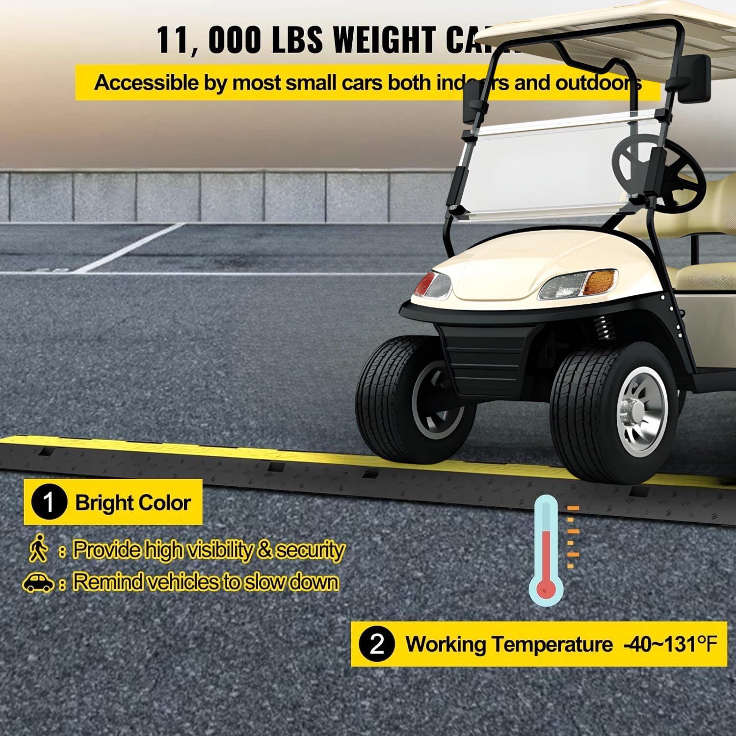 Golf cart approaching a bright yellow ramp designed for high visibility, safety, and supporting heavy weights up to 11,000 lbs.