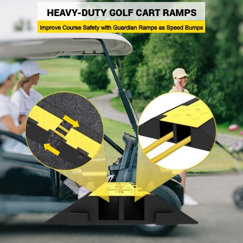 Female golfers in a golf cart on a course, illustrating the importance of speed bumps for safety.