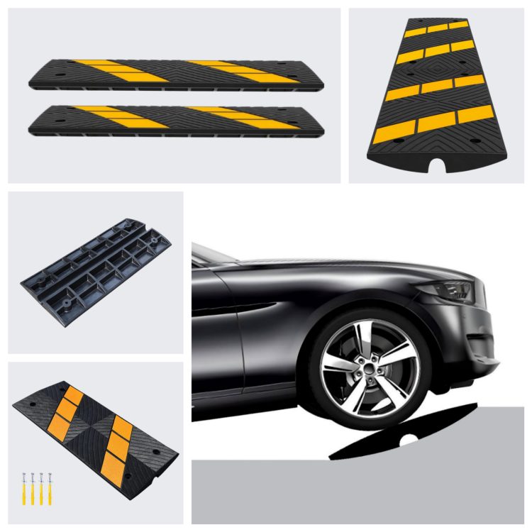 Compact black driveway ramp with yellow accents, designed for easy portability and quick setup on rolled curbs.