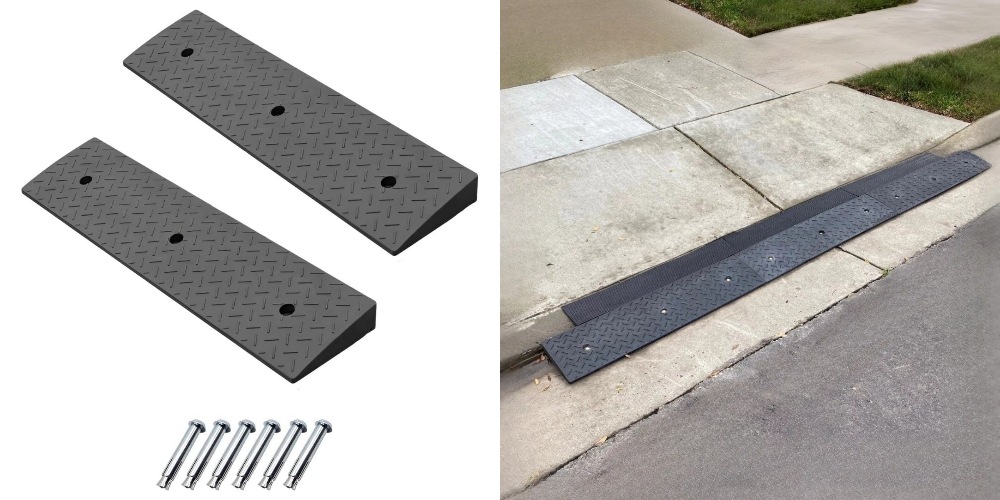 Diamond plate curb ramps installed on a rolled curb to assist low-clearance cars in crossing without scraping.