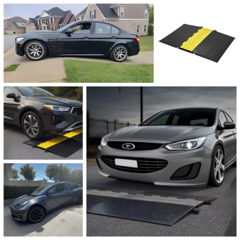 Collage of different cars including BMW and Hyundai using driveway curb ramps to navigate steep driveways and high curbs without scraping.