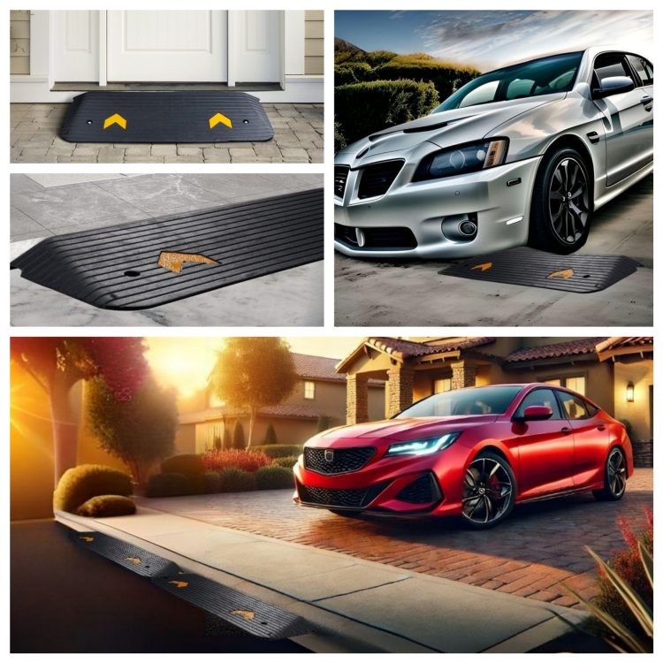 A collage depicting various stylish and efficient driveway navigation aids in use, helping cars smoothly transition over steep driveway edges without damage.