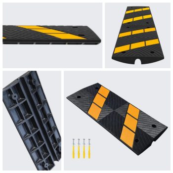 Close-up views of a black driveway ramp with yellow stripes, showcasing its robust construction and the included mounting hardware for secure installation.