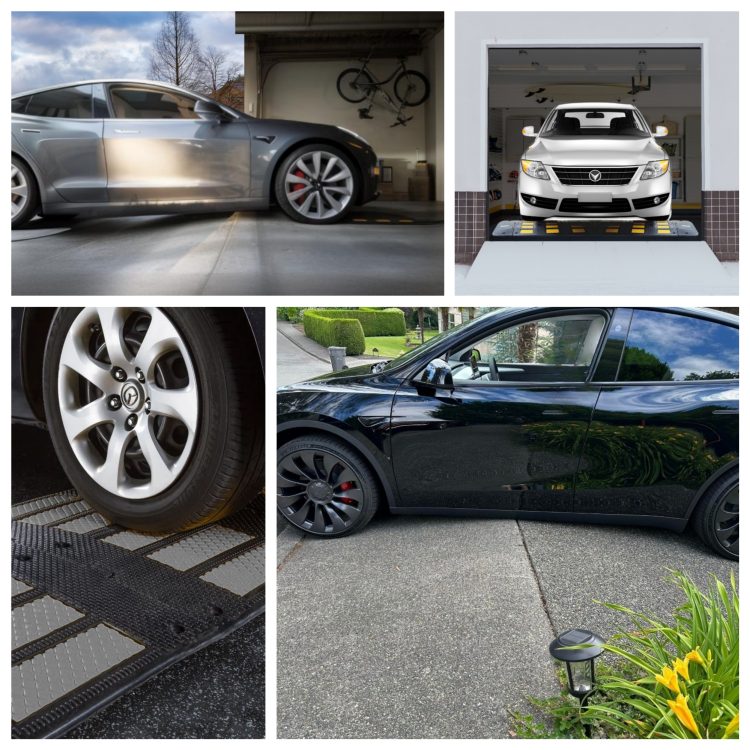 A collage of different vehicles using high-performance driveway ramps to smoothly transition from garage floors to driveways, preventing scrapes and enhancing vehicle safety.