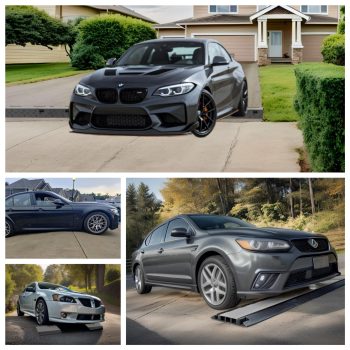 A collage showing different high-performance cars, including BMW and VW, using driveway ramps to prevent undercarriage damage on steep driveway entries.