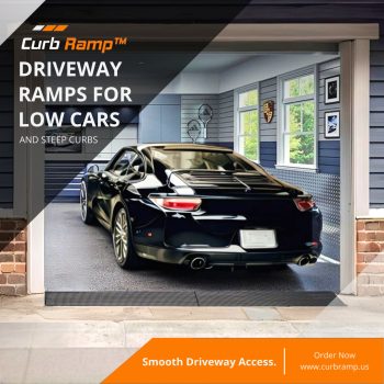 Black luxury sports car using a Curb Ramp to smoothly enter a residential garage, enhancing vehicle protection and driveway accessibility.