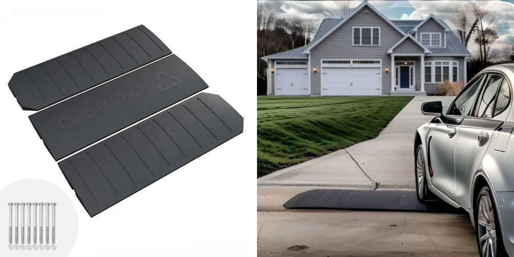 Curb Ramp installed on a driveway to prevent low car bumper scraping when driving over a street curb.