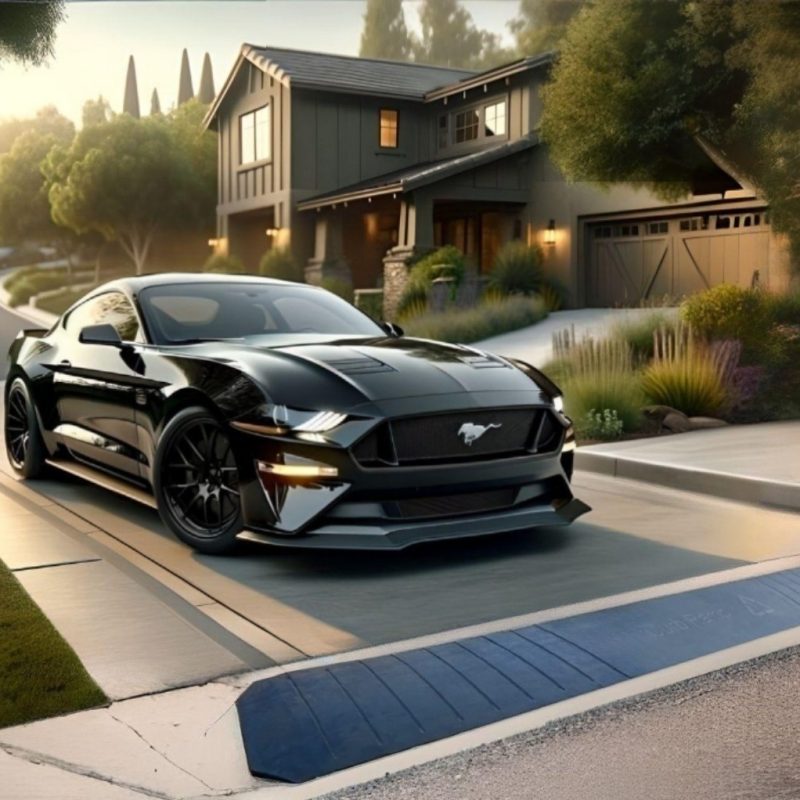 Black Mustang utilizing a driveway ramp to navigate a steep curb at a residential home, highlighting the ramp's durability and sleek design.