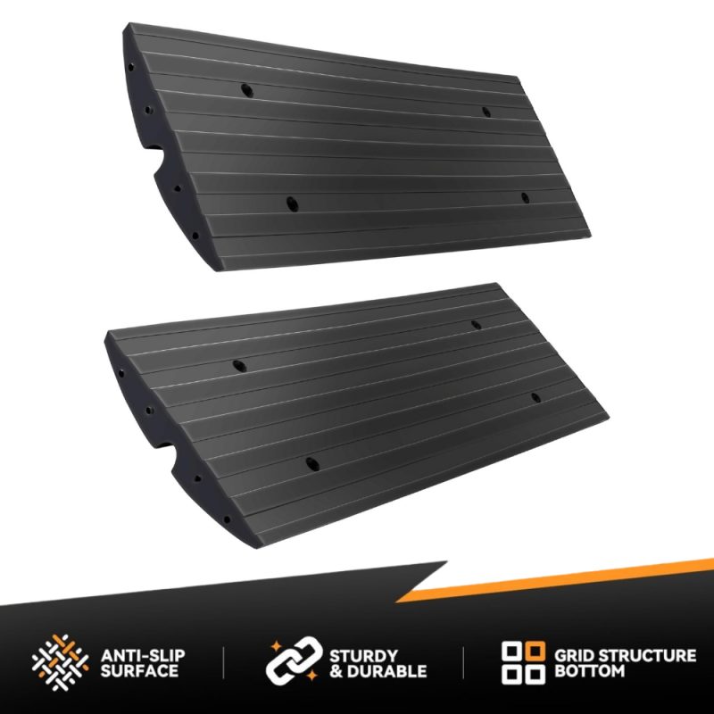 Heavy-duty rubber driveway curb ramp for smooth vehicle entry and scrape prevention.