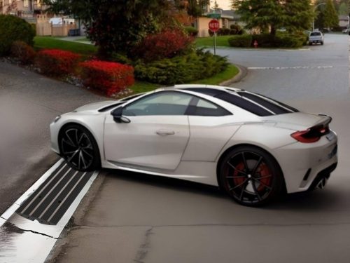 Luxury sports car using an angled rubber driveway ramp for smooth clearance over a steep curb transition.