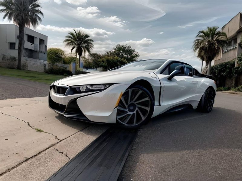 White luxury sports car navigating a steep driveway slope using a rubber ramp for smooth clearance.