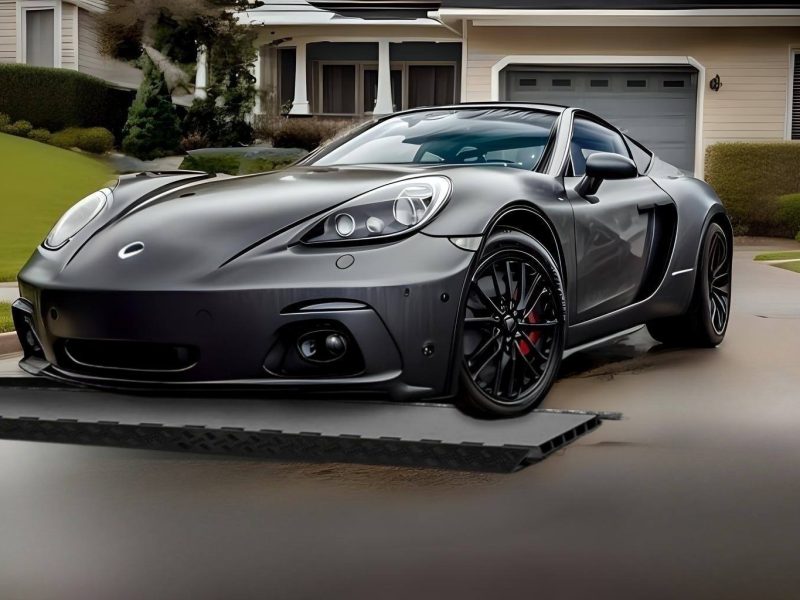 A sleek black sports car smoothly crossing a driveway curb using a durable ramp, showcasing its effectiveness for low-clearance vehicles.