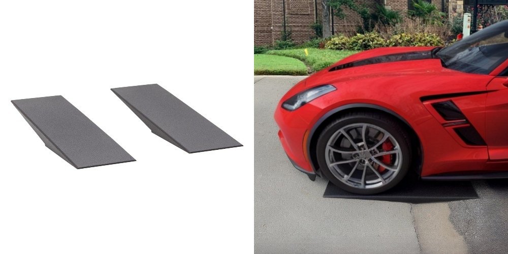 Minimalistic driveway curb ramps designed to prevent low-clearance cars from scraping the front bumper when crossing a curb.