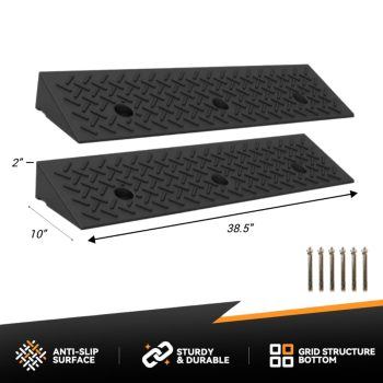 Black rubber driveway ramp with a 2-inch height, measuring 38.5 inches long and 10 inches wide, featuring a textured anti-slip surface and pre-drilled mounting holes.