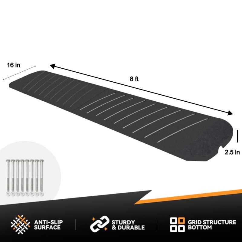 Low car clearance driveway entry ramp with smooth access, 8 feet long and 16 inches wide, designed to prevent scraping.