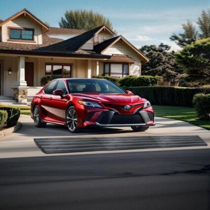 Red Toyota sedan driving over curb ramp to prevent scraping on steep driveway