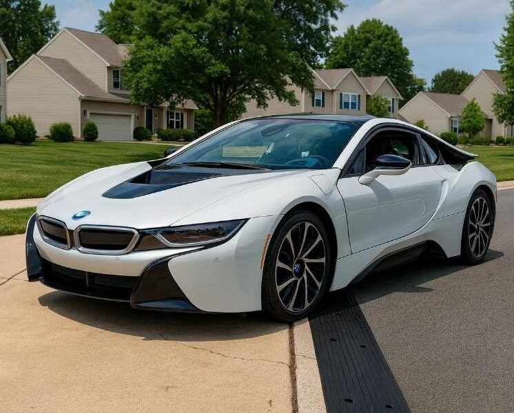 Low BMW driving over driveway curb ramp for scrape prevention and smooth clearance