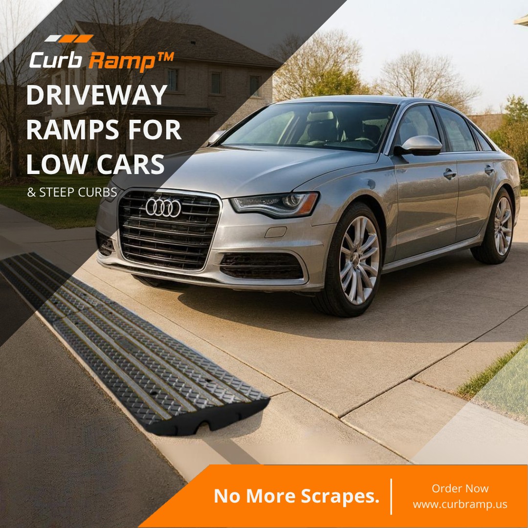 Rolled Curb Driveway Ramp for Low Cars – Smooth Entry and Clearance Protection Silver Audi parked by a rolled curb using a single modular rubber driveway ramp for smooth low car entry and scrape prevention