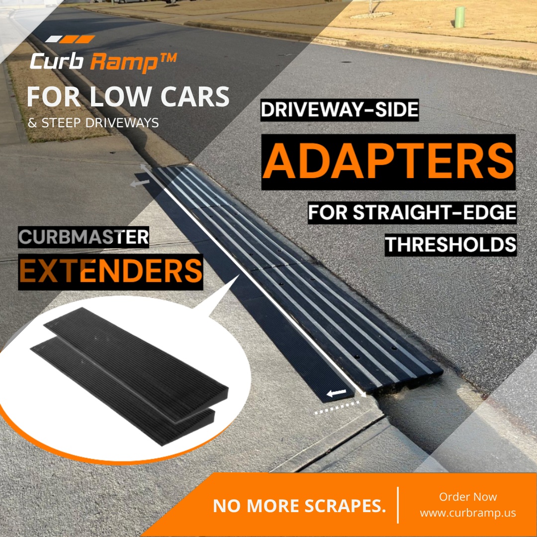 Driveway-side adapter ramps extending a curb ramp to smooth a straight-edge driveway threshold for low-clearance vehicles.
