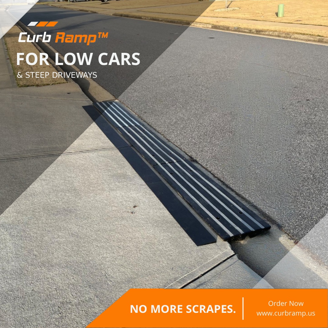 Curb Ramp installed at a steep driveway entry to prevent low cars from scraping when crossing the curb.