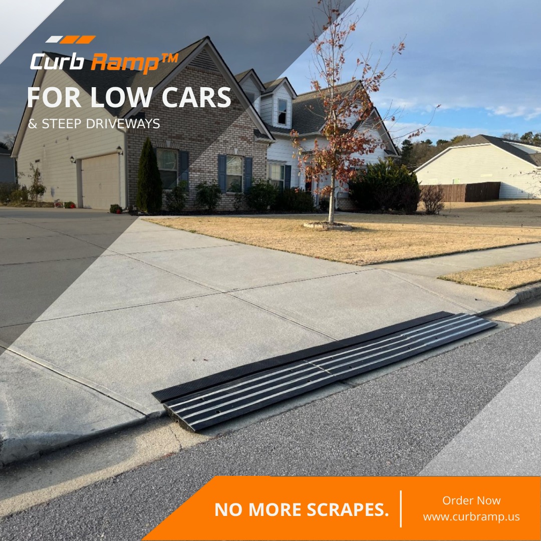 Curb Ramp driveway ramp installed at a rolled curb to help low cars enter a steep driveway without scraping.