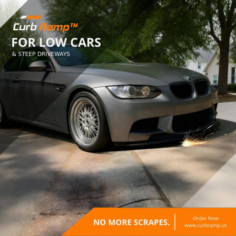 Low Car Front Bumper Scraping on Steep Driveway Before Curb Ramp Solution Low car front bumper scraping on a steep driveway before installing a curb ramp solution.