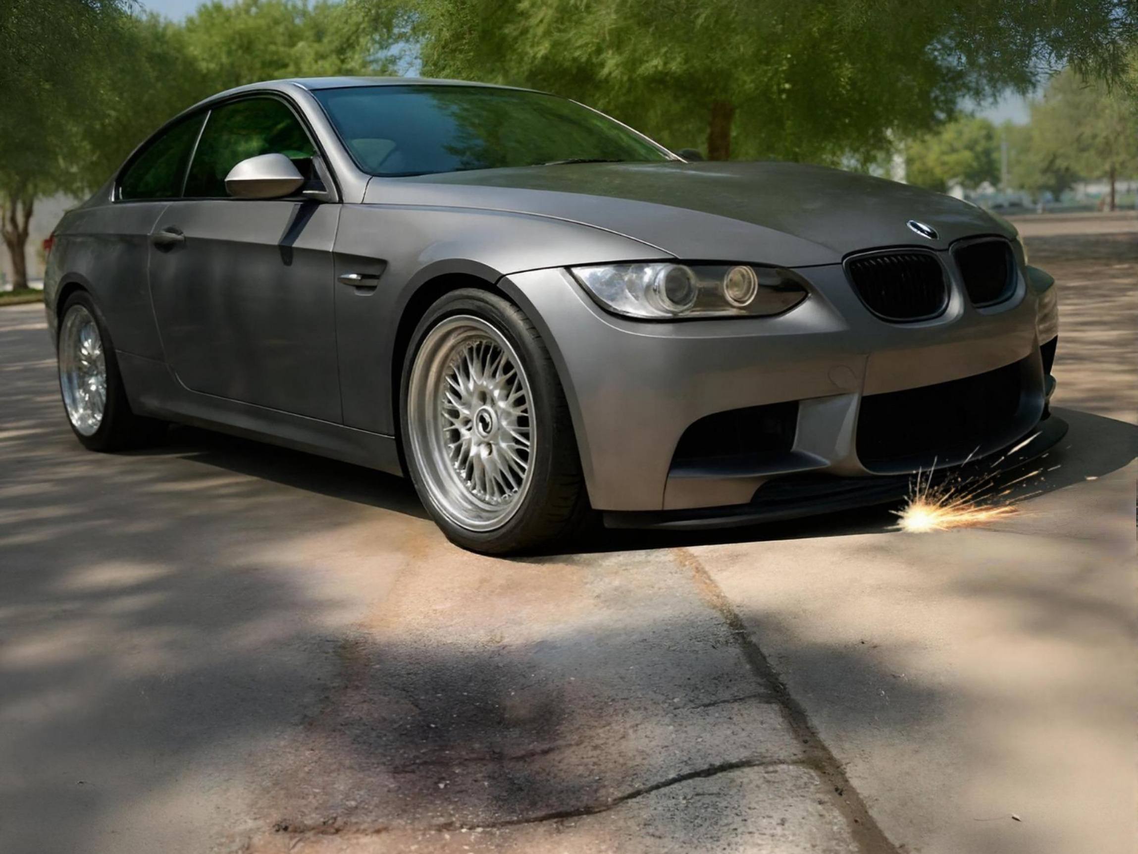 lowered-bmw-front-lip-hitting-rolled-curb-dip-driveway-entry-angle-low-clearance-problem