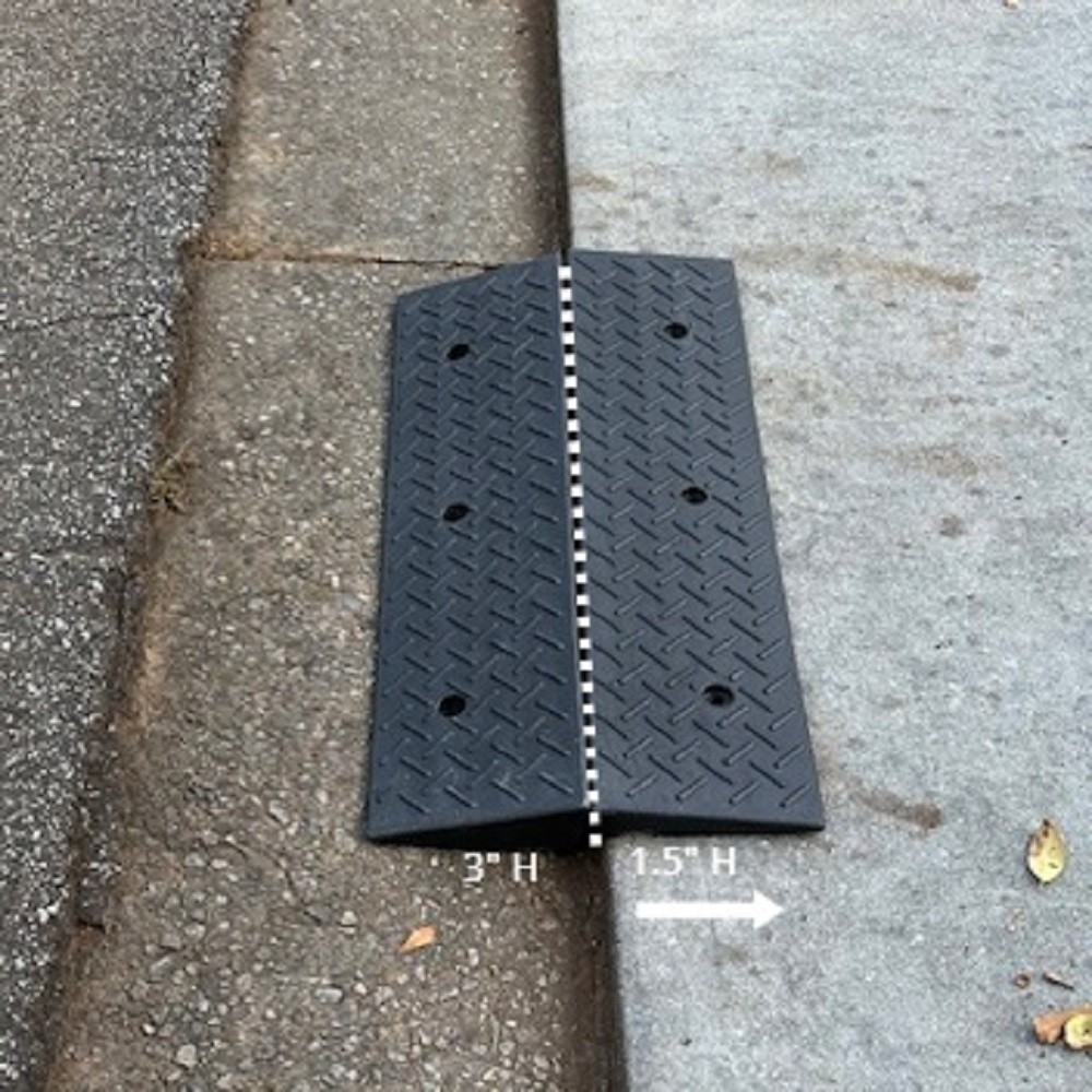 3-Inch to 1.5-Inch Driveway Lip Transition Ramp for Steep Thresholds Two-piece ramp setup showing a 3-inch gutter-side ramp paired with a 1.5-inch driveway-side ramp to smooth a steep driveway lip.